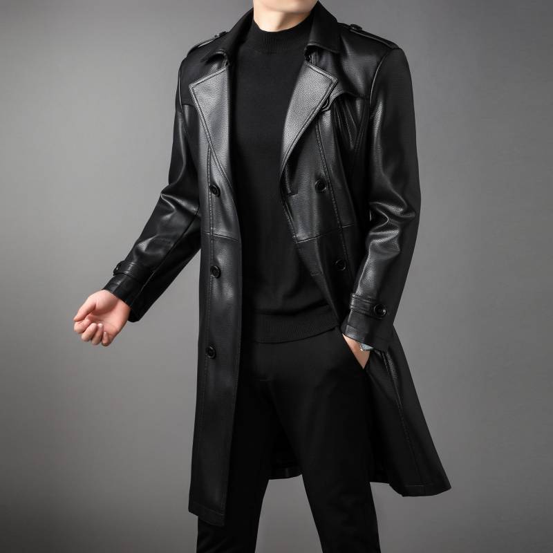 Herbst und Winter Leder Ledermantel Schaffell Leder Trenchcoat Junge Männer In Langen Anzug Kragen Ledermantel Jacke XXXXL schwarz von Joom DACH