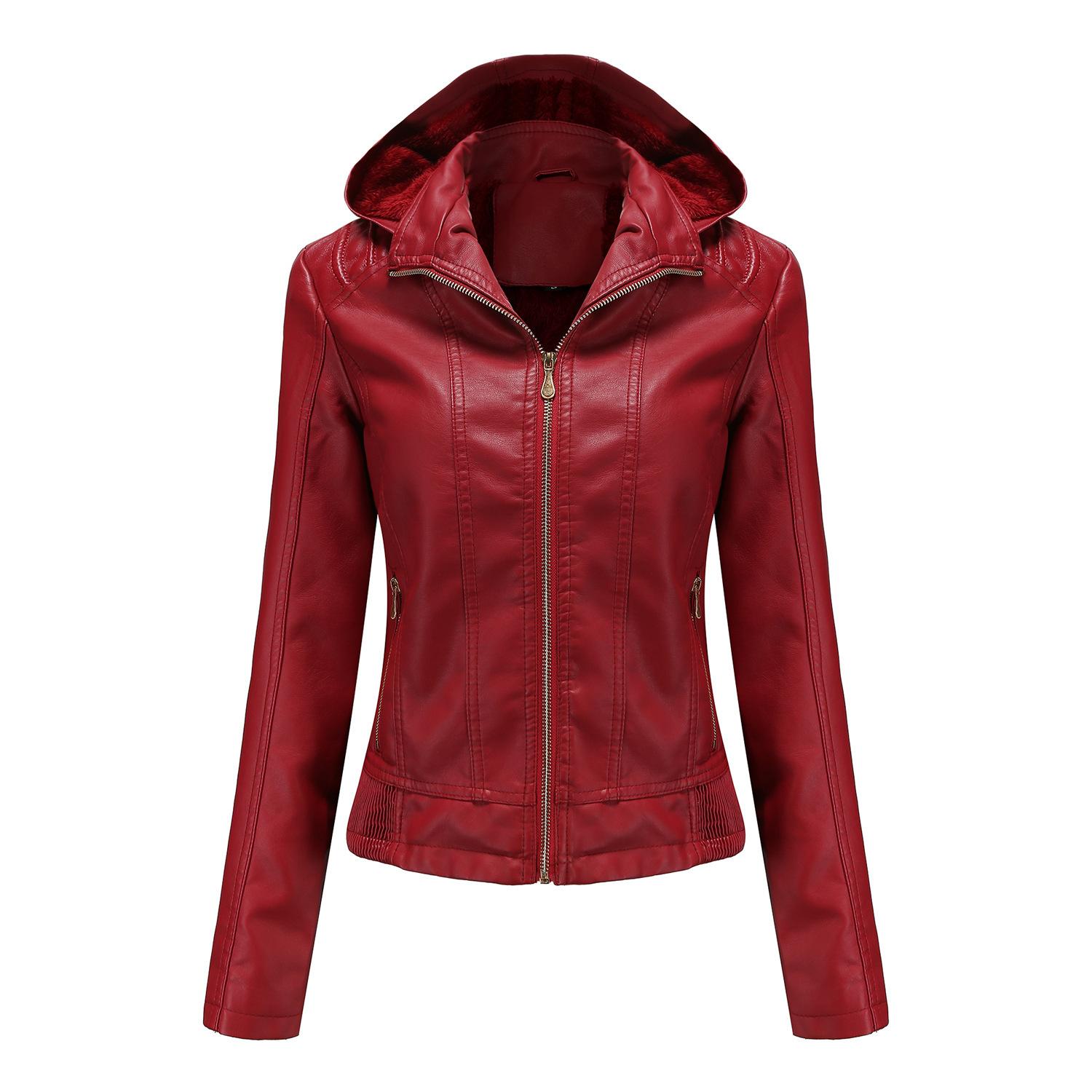 Herbst- und Winter Lederjacke mit Kapuze Damen Abnehmbare Kapuze Reißverschluss Langarm Fleece Lederjacke Slim Jacke XXXL von Joom DACH