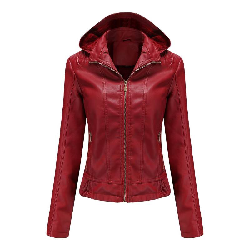 Herbst- und Winter Lederjacke mit Kapuze Damen Abnehmbare Kapuze Reißverschluss Langarm Fleece Lederjacke Slim Jacke XXXL von Joom DACH