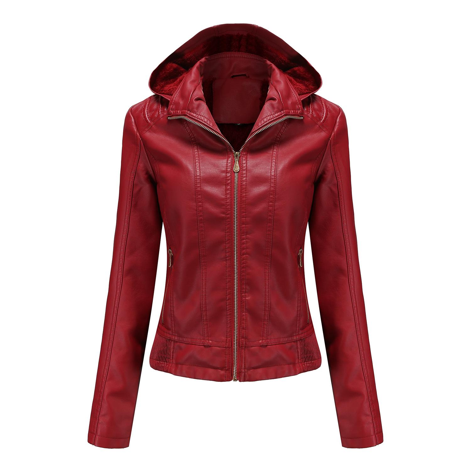 Herbst- und Winter-Lederjacke mit Kapuze für Damen mit abnehmbarer Kapuze, Reißverschluss, langen Ärmeln, Fleece-Lederjacke, schmaler Mantel in europäischer Größe 3XL von Joom DACH