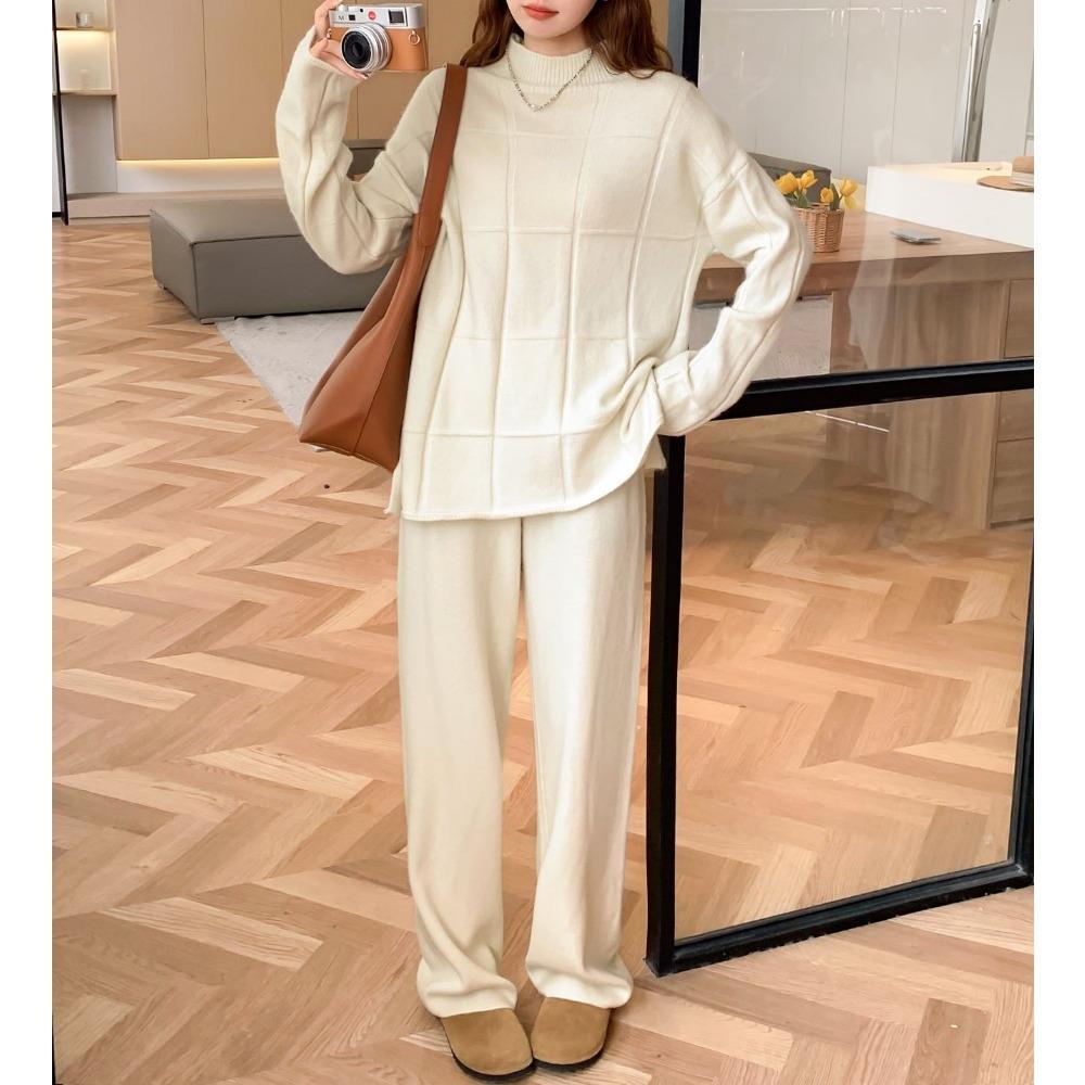 Herbst und Winter Lockerer und vielseitiger Strickpullover Damen Hohe Taille Vertikal Gerade Lässig Gestrickte Freizeithose Zweiteiliges Set One Size weiß von Joom DACH