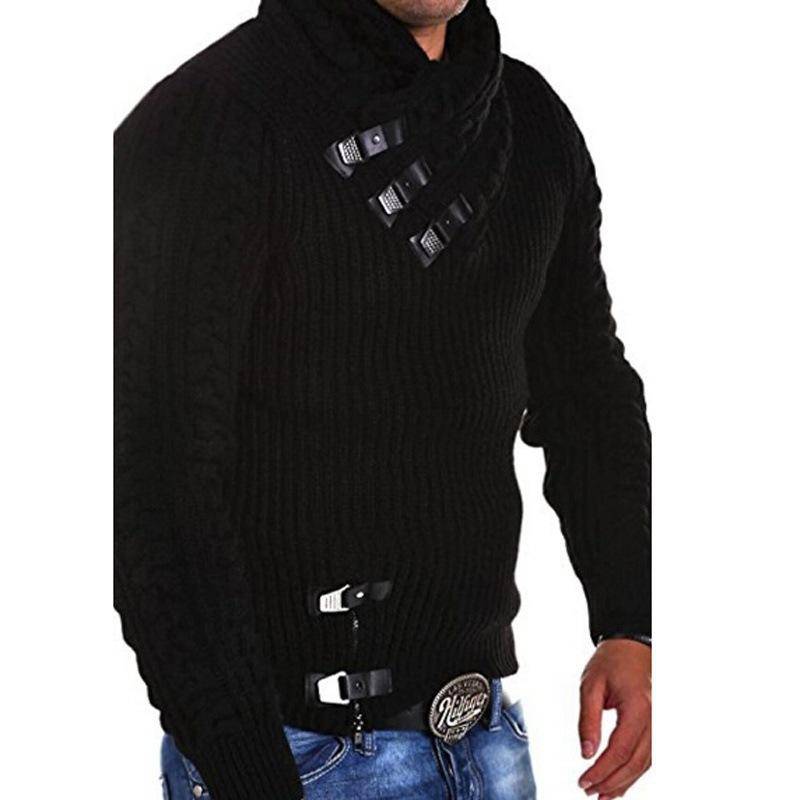 Herbst und Winter Männer Twist Muster Dicken Revers Pullover Pullover Pullover Lose Jacke Leder Schnalle Casual Solide Farbe Basis Hemd M schwarz von Joom DACH