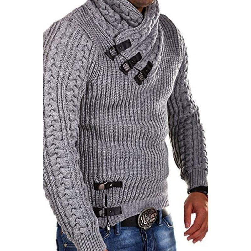 Herbst und Winter Männer Twist Muster Dicken Revers Pullover Pullover Pullover Lose Jacke Leder Schnalle Casual Solide Farbe Basis Hemd XL grau von Joom DACH