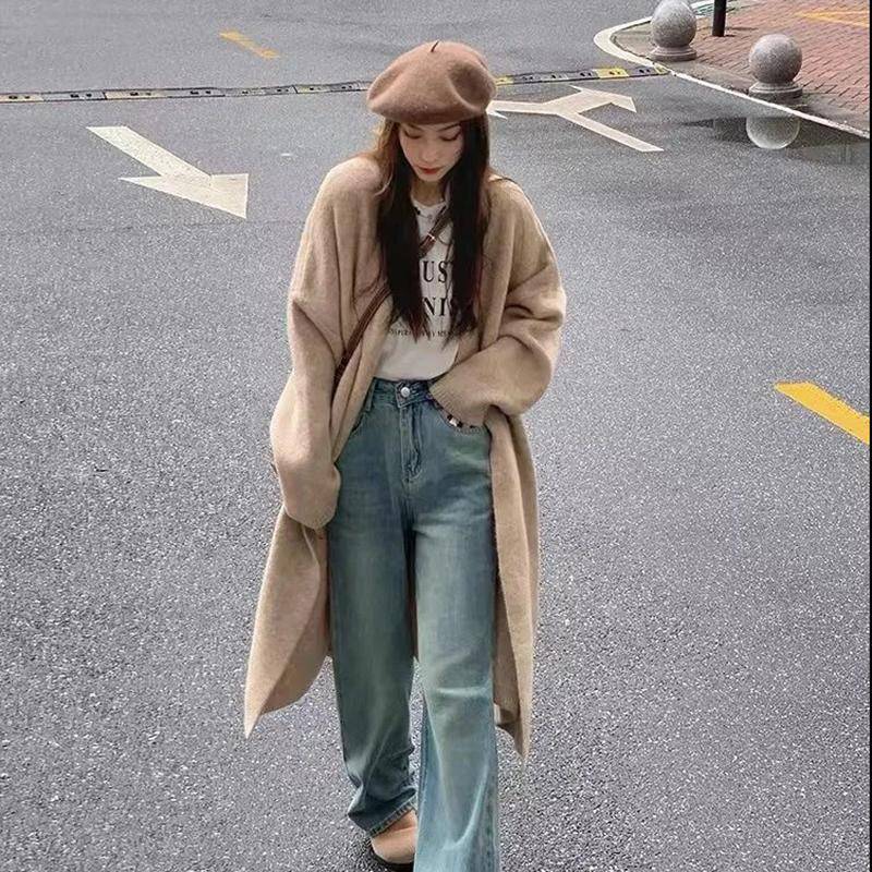 Herbst und Winter Mittellanger Strickjackenmantel für Damen Koreanische Version Nische Lockerer und lässiger Stil Überknie Gestrickter Pullover S hellbraun von Joom DACH