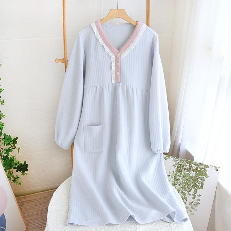 Herbst und Winter Neu Damen Langer Rock Verdicktes Thermonachthemd 100% Baumwolle Baumwollclip Langarm Hauskleid Nachtwäsche XL blau von Joom DACH