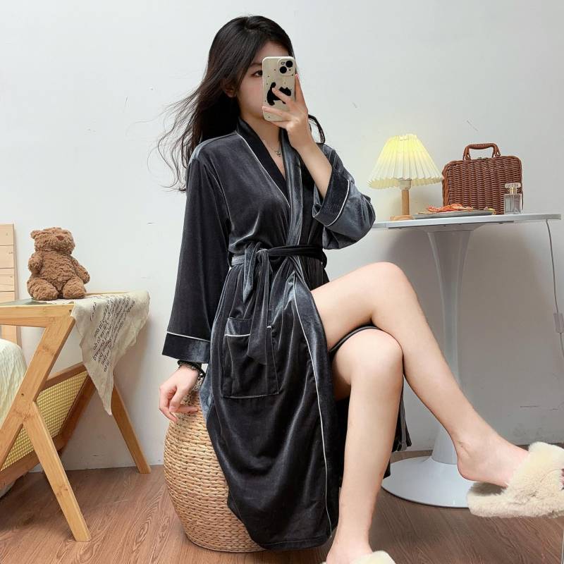 Herbst und Winter Neu Morgenmantel Homewear Damen Langärmelig Goldener Samt Einteiliger Bademantel Warmer Anzug Morgenmantel Homewear Pyjama 2XL grau von Joom DACH