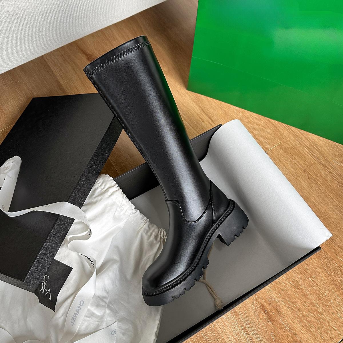 Herbst und Winter Neu Runde Spitze Dicke Sohle Frye Stiefel Stretch Dünne Stiefel Kleiner Blockabsatz Hohe Ritterstiefel Damen 40 schwarz von Joom DACH