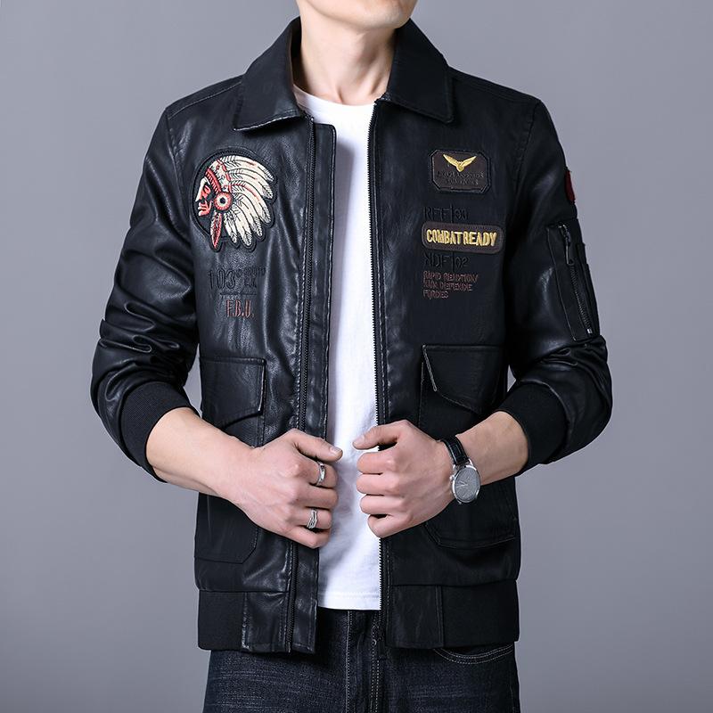Herbst und Winter Neue Bestickte Herrenlederjacke Koreanischer Stil Revers Air Force PU-Leder Motorradjacke Herren Trend XXXXL von Joom DACH
