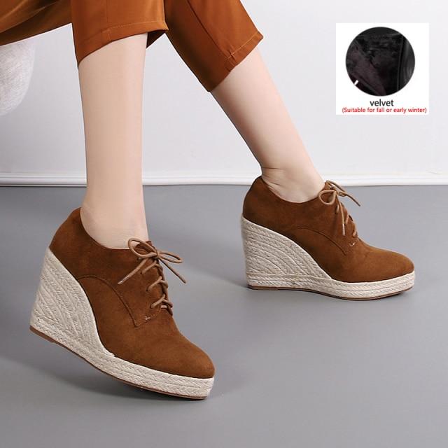 Herbst und Winter Neue Damen Keilabsatz Pumps Dicksohlige Schnürschuhe Espadrilles Hochhackige Dickhackige Stroh Geflochten 43 von Joom DACH