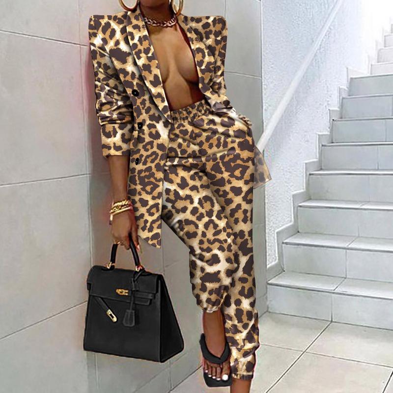 Herbst und Winter Neue Mode Frauen Geknöpft Blazer und Hosen Casual Anzüge 2 Stück Sets Outfits L Leo-Print von Joom DACH