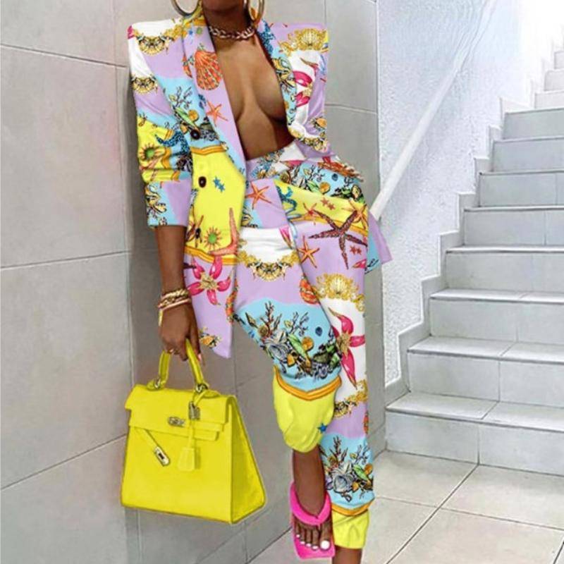 Herbst und Winter Neue Mode Frauen Geknöpft Blazer und Hosen Casual Anzüge 2 Stück Sets Outfits M gelb/rosa von Joom DACH