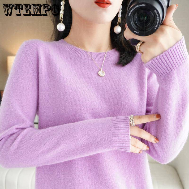 Herbst und Winter Neue Rundhals Pullover frauen Pullover Strickwaren Einfarbig Langarm frauen Dünne Unterlage Kurze unterlage XXL licht lila von Joom DACH