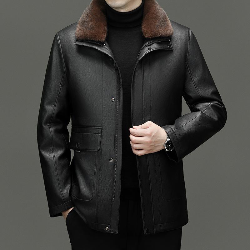 Herbst und Winter Neue Stil Abnehmbare Pelz-gefüttert Leder Jacke für Mittleren alters und Ältere Männer, mittlere-länge Pelz Kragen Leder Jacke 4XL schwarz von Joom DACH