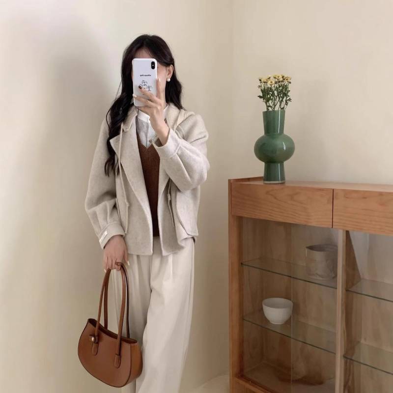 Herbst und Winter Neuer Koreanischer Stil Doppelseitiger Kaschmir-Mantel Damen Altersreduzierende Gestrickte Kapuzenjacke Kurzes Oberteil M von Joom DACH