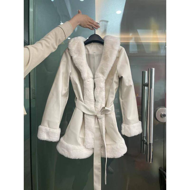 Herbst und Winter PU-Leder Großer Pelzkragen Schnürung Taille Damen Lederjacke Spleißen Schmal geschnittene Langarmjacke L beige von Joom DACH
