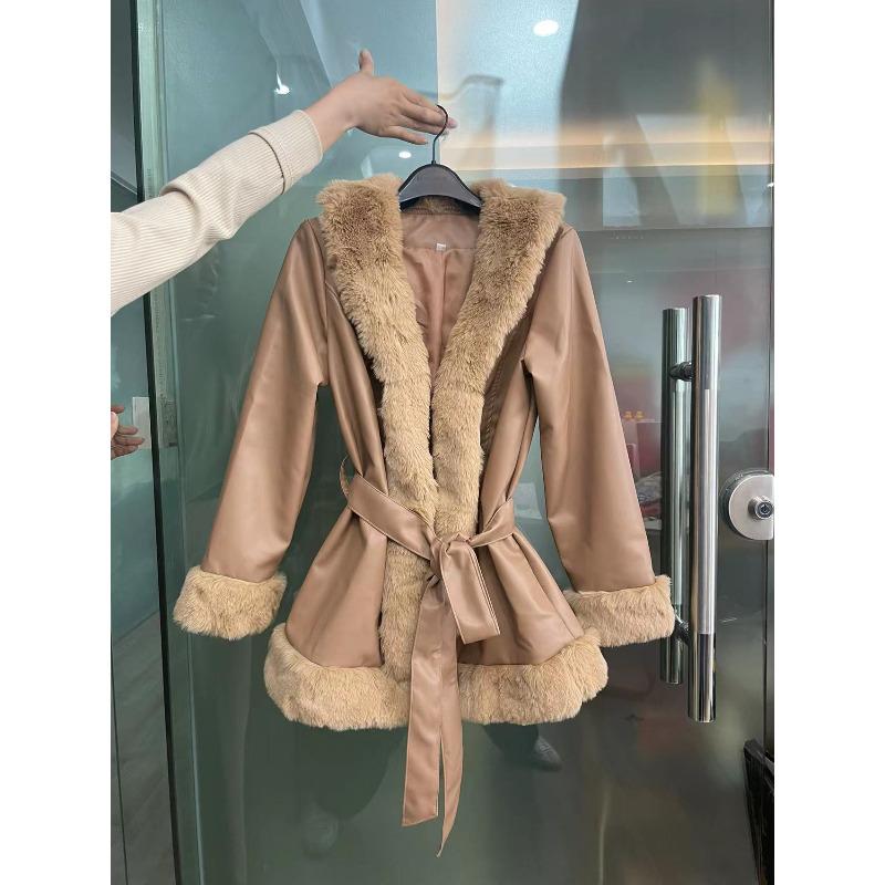 Herbst und Winter PU-Leder Großer Pelzkragen Schnürung Taille Damen Lederjacke Spleißen Schmal geschnittene Langarmjacke M braun von Joom DACH