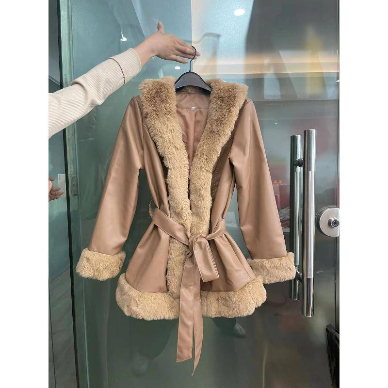 Herbst und Winter PU-Leder Großer Pelzkragen Schnürung Taille Damen Lederjacke Spleißen Schmal geschnittene Langarmjacke M braun von Joom DACH