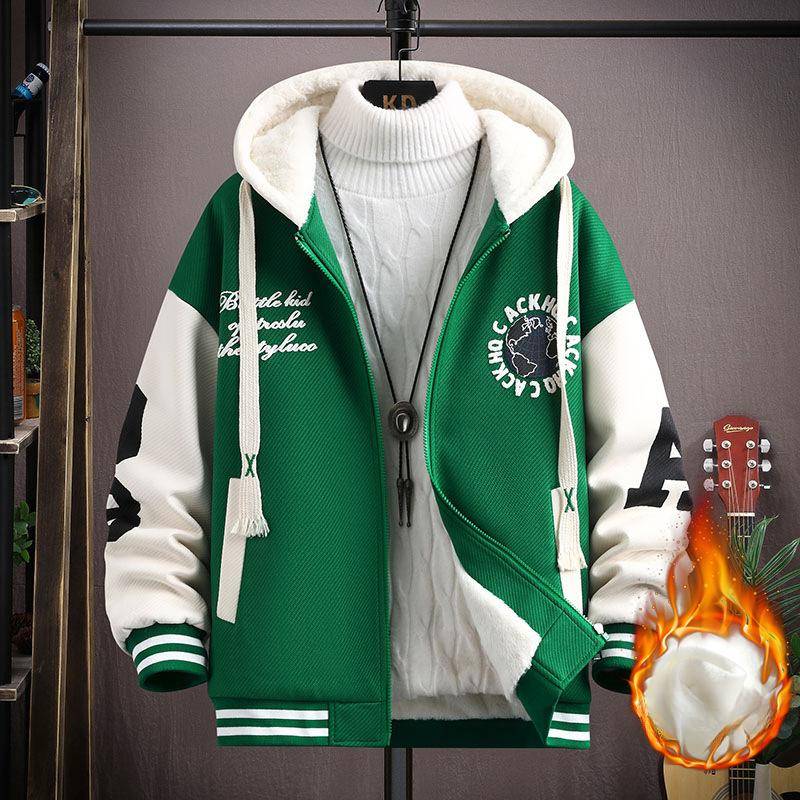 Herbst und Winter Plus Samt Kapuzenjacke Jungen Große Kinder Warme Jacke Student Baseball Uniform S grün von Joom DACH