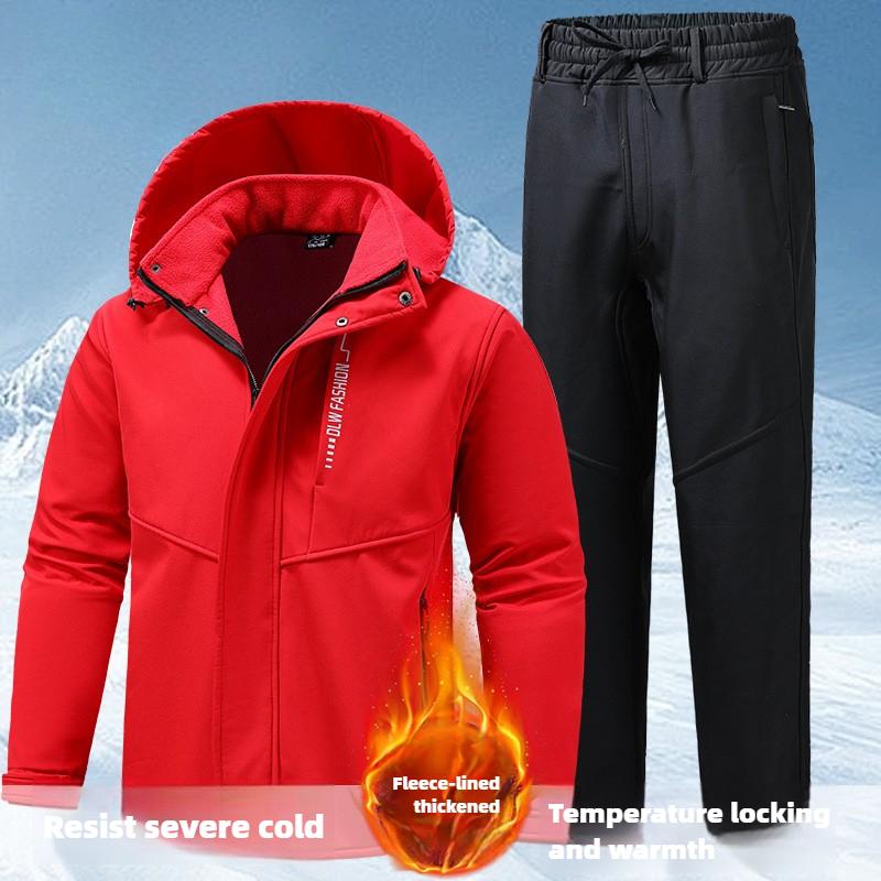 Herbst und Winter Plus Samtverdickter Overallanzug Herrenjacke Winddichter, wasserdichter, verschleißfester, kältebeständiger und warmer Anzug mit mehreren Taschen für Herren 3XL rot von Joom DACH