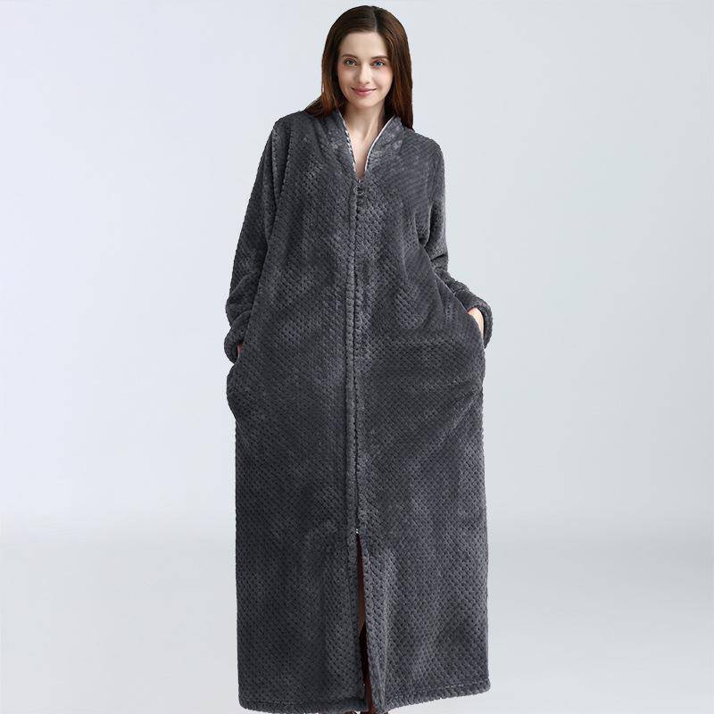 Herbst & Winter Reißverschluss Samt Bademantel Plus Erhöhen Nachthemd Männer Frauen Verdickung Pyjamas Flanell Hause Service XL(80-100kg) grau von Joom DACH