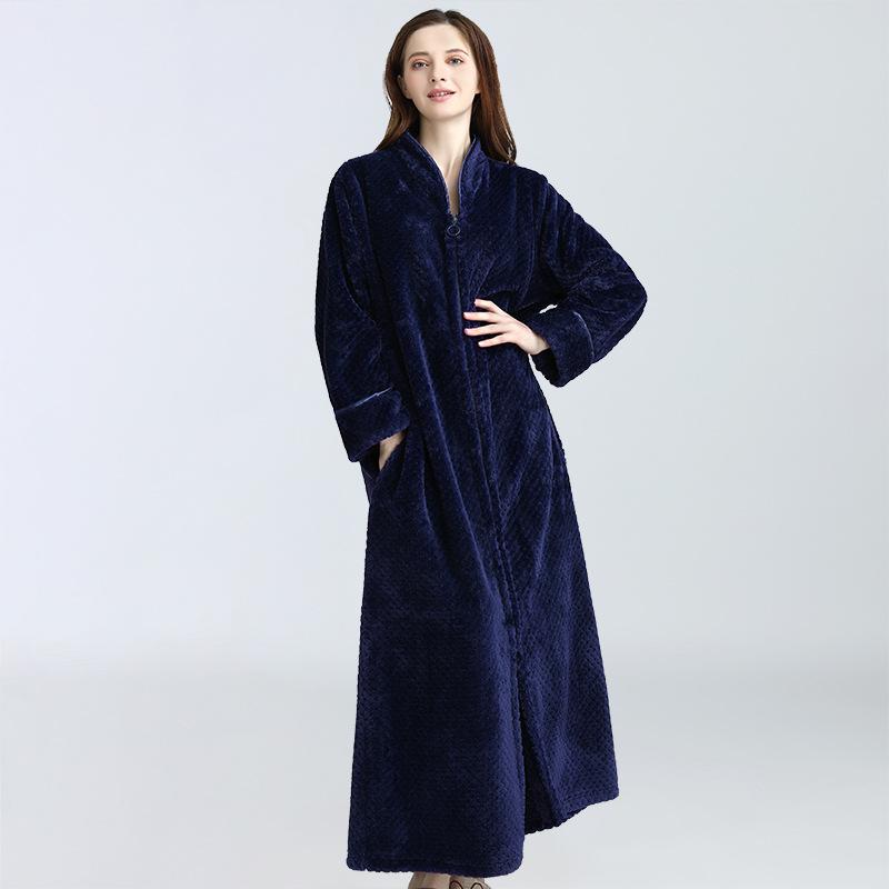 Herbst & Winter Reißverschluss Samt Bademantel Plus Erhöhen Nachthemd Männer Frauen Verdickung Pyjamas Flanell Hause Service XL(80-100kg) navy blau von Joom DACH