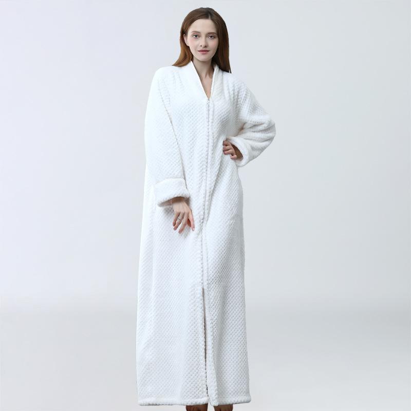 Herbst & Winter Reißverschluss Samt Bademantel Plus Erhöhen Nachthemd Männer Frauen Verdickung Pyjamas Flanell Hause Service XL(80-100kg) weiß von Joom DACH