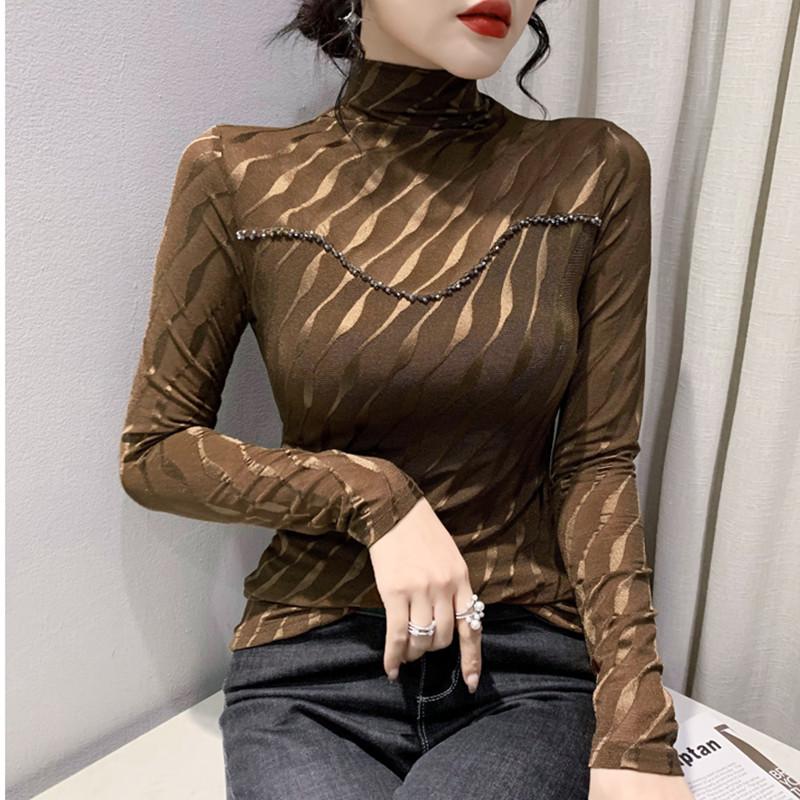 Herbst und Winter Rollkragen Mesh Perlen Langarm T-Shirt für Damen, Slim und Modisches Oberteil Plus Samt Warmes Basic-Shirt 3XL von Joom DACH