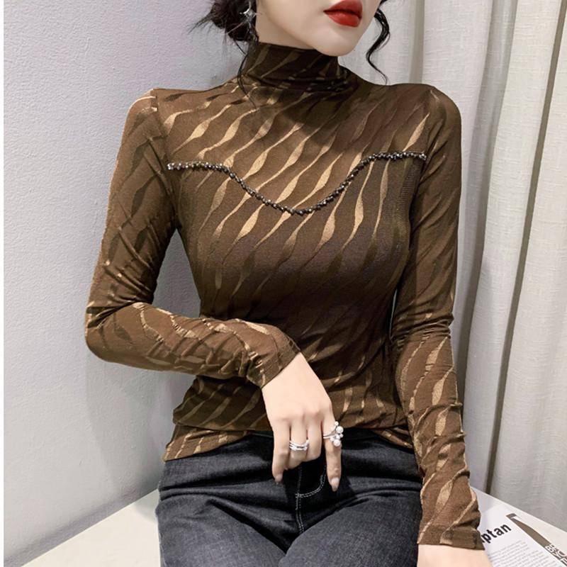 Herbst und Winter Rollkragen Mesh Perlen Langarm T-Shirt für Damen, Slim und Modisches Oberteil Plus Samt Warmes Basic-Shirt 3XL von Joom DACH