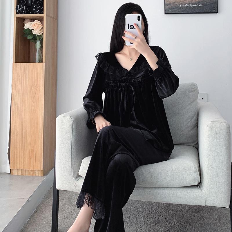 Herbst- und Winter-Samt-Pyjama-Set Revers Spitze Hauskleidung Lässige Damen-Pyjamas Samt Locker Hauskleidung XL von Joom DACH