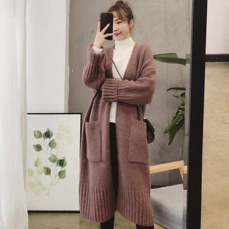 Herbst und Winter Strickpullover Damen Lazy Wind Locker Mittellang Gestrickte Strickjacke Jacke Weiblich Bequem Vielseitig und Modisch One Size dunkel rosa von Joom DACH