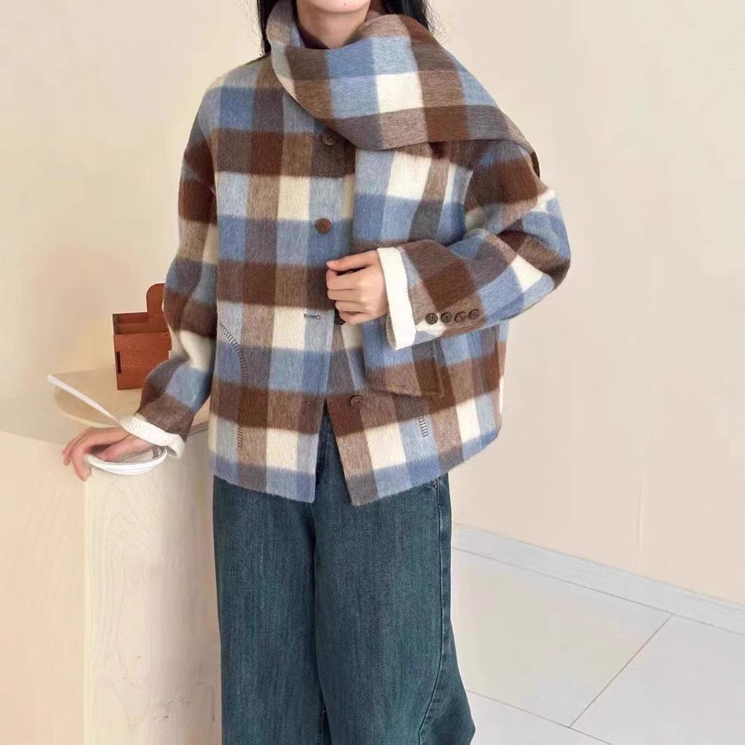 Herbst- und Winter Süßer und Niedlicher Karomantel aus doppelseitiger Wolle mit Schal Lässiger und Vielseitiger Wollmantel für kleine Frauen M von Joom DACH