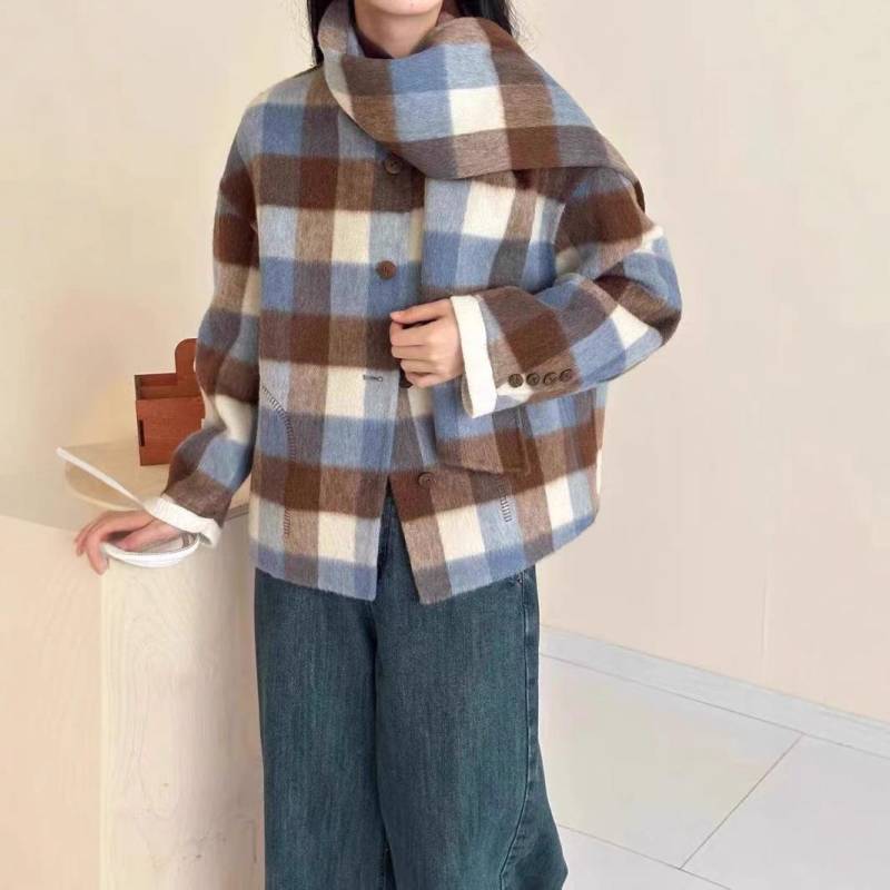 Herbst- und Winter Süßer und Niedlicher Karomantel aus doppelseitiger Wolle mit Schal Lässiger und Vielseitiger Wollmantel für kleine Frauen M von Joom DACH