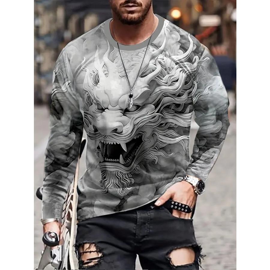 Herbst und Winter Tägliche Straßenmode Für Herren Langarm-T-Shirts Urban Casual Langarm-Oberteile 3D-Drachen-Print Herrenbekleidung 2XL von Joom DACH
