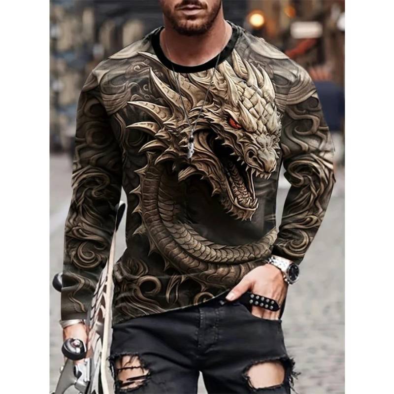 Herbst und Winter Tägliche Straßenmode Für Herren Langarm-T-Shirts Urban Casual Langarm-Oberteile 3D-Drachen-Print Herrenbekleidung 2XL von Joom DACH