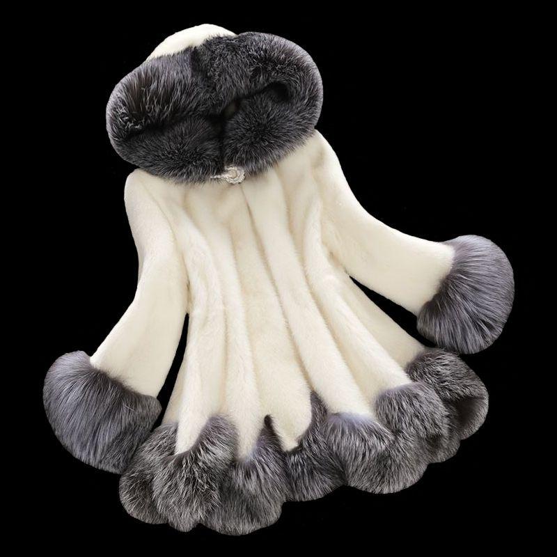 Herbst und Winter Übergröße Pelzmantel Mantel Damen Mittel und Lang Nerzhaar Fuchspelzkragen Kunstpelz Damenmantel 3XL weiß von Joom DACH
