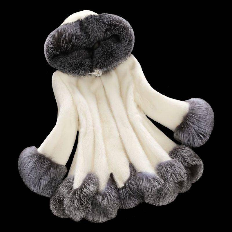Herbst und Winter Übergröße Pelzmantel Mantel Damen Mittel und Lang Nerzhaar Fuchspelzkragen Kunstpelz Damenmantel 3XL weiß von Joom DACH
