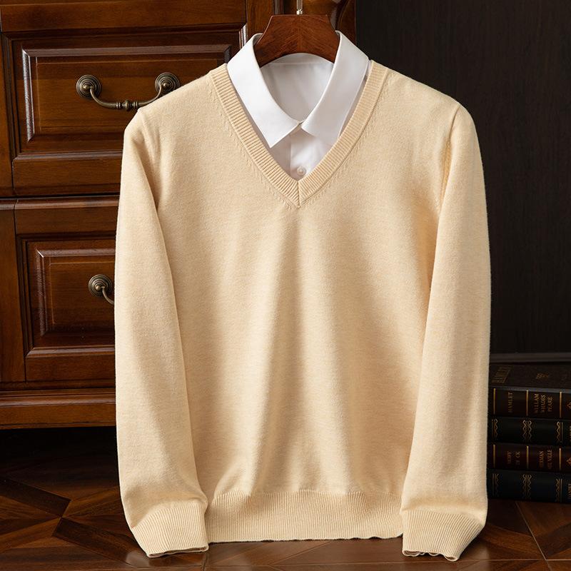 Herbst und Winter Übergröße Strickpullover Herren Wolle Warme Pullover Pullover V-Ausschnitt Strick Fit Oberteile Männliche Kaschmir Strickpullover Unterhemd XS beige von Joom DACH