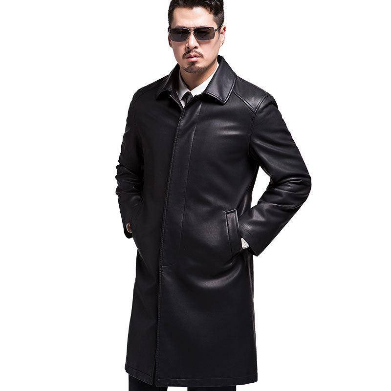 Herbst und Winter gepolsterte Lederjacke mittleren Alters Revers Lederjacke Herren lange Overknee Lederjacke Leder Windbreaker Jacke männlich XXL schwarz von Joom DACH