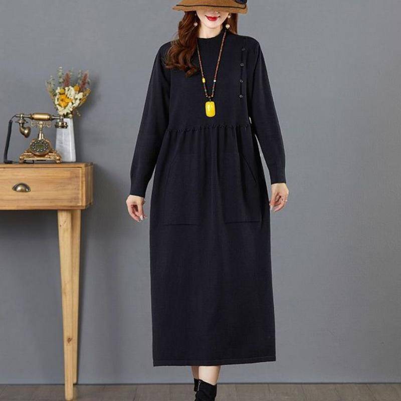 Herbst und Winter gestrickter langer knielanger Damenrock mit Mantel darunter und O-Ausschnitt-Pullover mit Außentasche One Size schwarz von Joom DACH