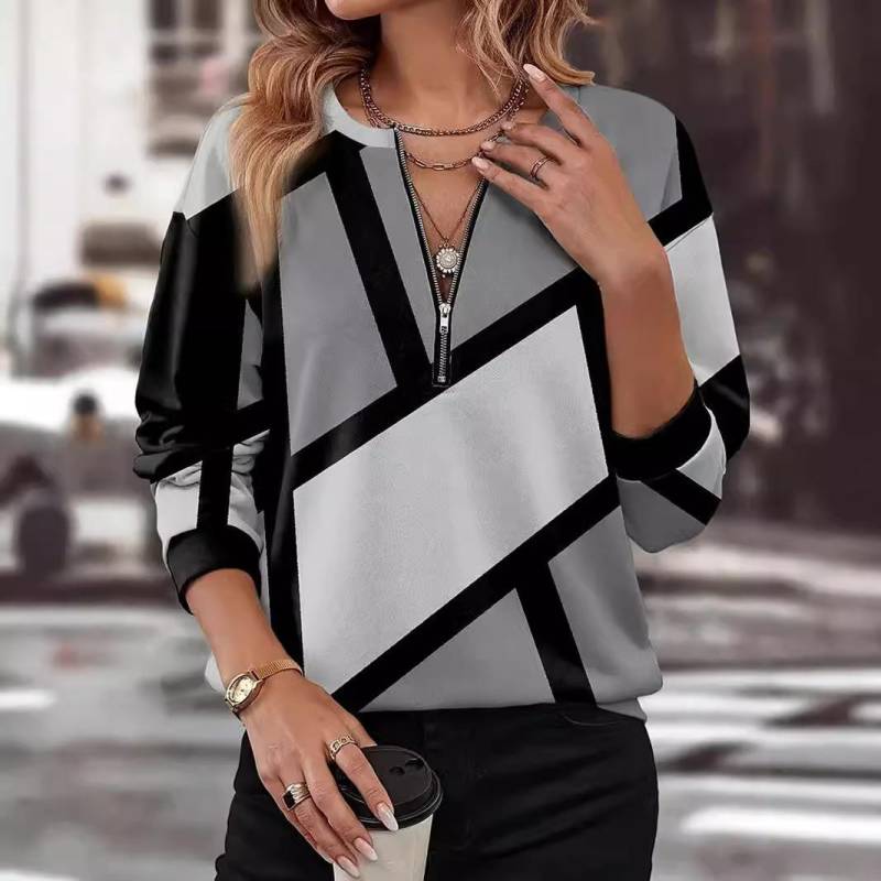 Herbst- und Winterfarbblockiertes lockeres Sweatshirt mit V-Ausschnitt und langen Ärmeln mit Reißverschluss für Damen S schwarz von Joom DACH