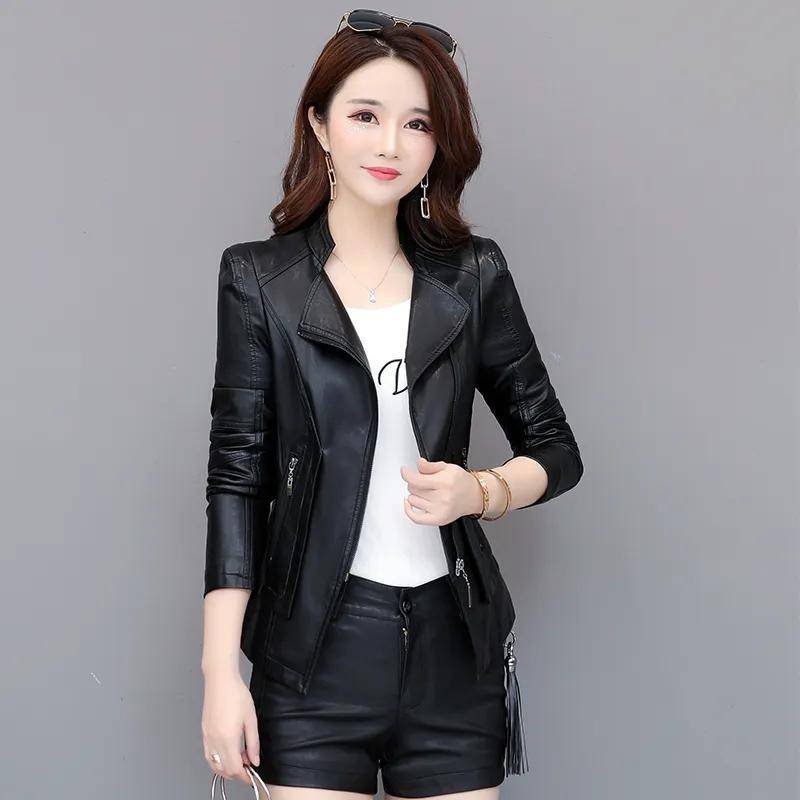 Herbst- und Winterlederjacke Damen Kurze Jacke Slim Lederjacke Große Größe Mantel Oberteil XXXL schwarz von Joom DACH