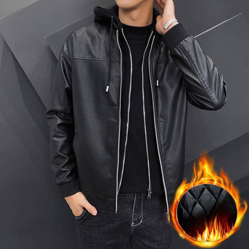 Herbst- und Winterlederjacke Herren Locker Kapuzenlederjacke Motorrad Lässig Herren Baumwolle Verdickte Jacke XXXL von Joom DACH