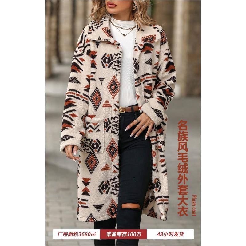 Herbst- und Wintermantel für Damen, einreihig, Ethno-Stil, bedruckt, lange Plüschjacke XL apricot von Joom DACH