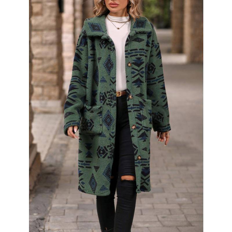 Herbst- und Wintermantel für Damen, einreihig, Ethno-Stil, bedruckt, lange Plüschjacke XL armee grüne von Joom DACH