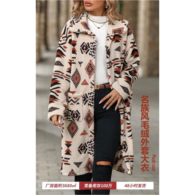 Herbst- und Wintermantel für Damen, einreihig, Ethno-Stil, bedruckt, lange Plüschjacke XXL apricot von Joom DACH