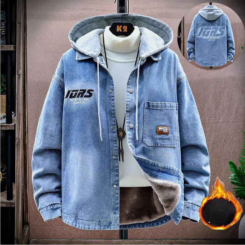 Herbst- und Wintermodelle sowie Jeansjacke mit Samtbesatz für Herren, koreanische Version der lockeren, modischen Studentenjacke, dicke, warme Jeansjacke mit Kapuze XXXXL blau von Joom DACH