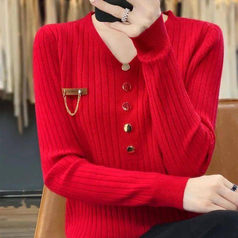 Herbst- und Winterpullover im koreanischen Stil mit V-Ausschnitt, lockerer Pullover für Damen, passend zum Unterhemd L rot von Joom DACH