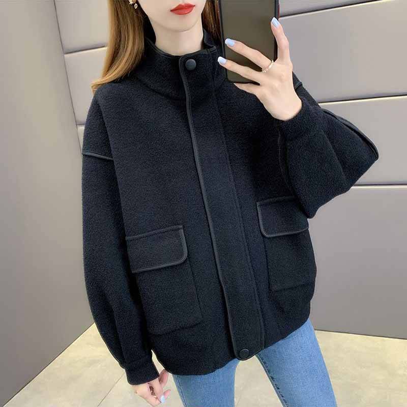 Herbst- und Winterwollmantel Damen Farbkontrast Reißverschluss Locker Gestrickte Strickjacke Kleine Bomberjacke S schwarz von Joom DACH