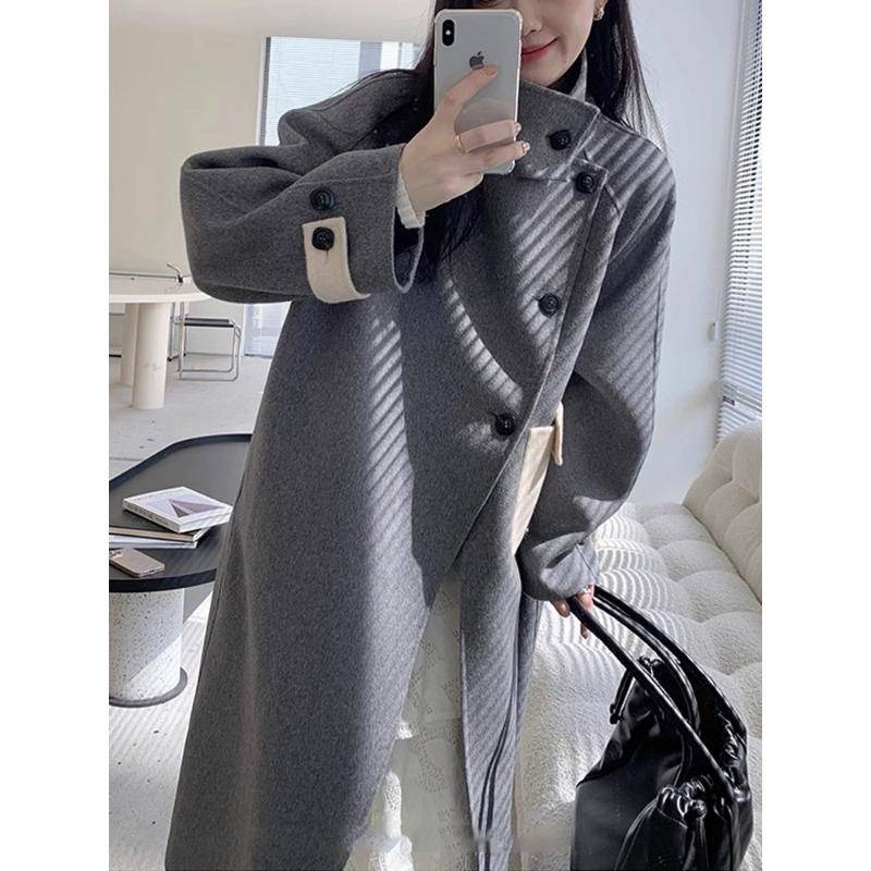 Herbst- und Winterwollmantel mit Taschen, Stehkragen, doppelseitiger Kaschmirmantel, Kontrastfarbdesign, Nische Damen Grau M von Joom DACH
