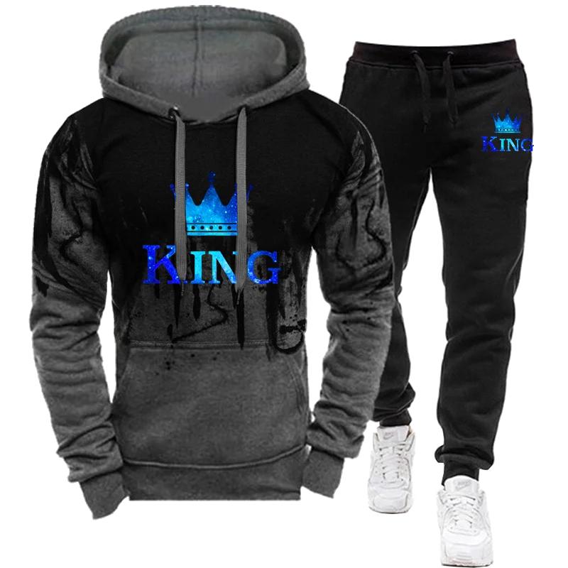 Herbst winter Frühling männer Sport Anzug König Gedruckt Trainingsanzug herren Kleidung Hoodie + Jogginghose Mode 2Pcs Set Jogging anzug XL von Joom DACH